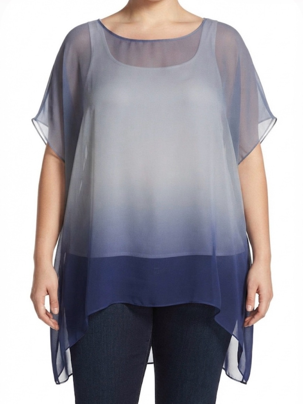Eileen Fisher women’s‎ 100% silk  blue Ombré chiffon boxy tunic blouse top SZ 3X